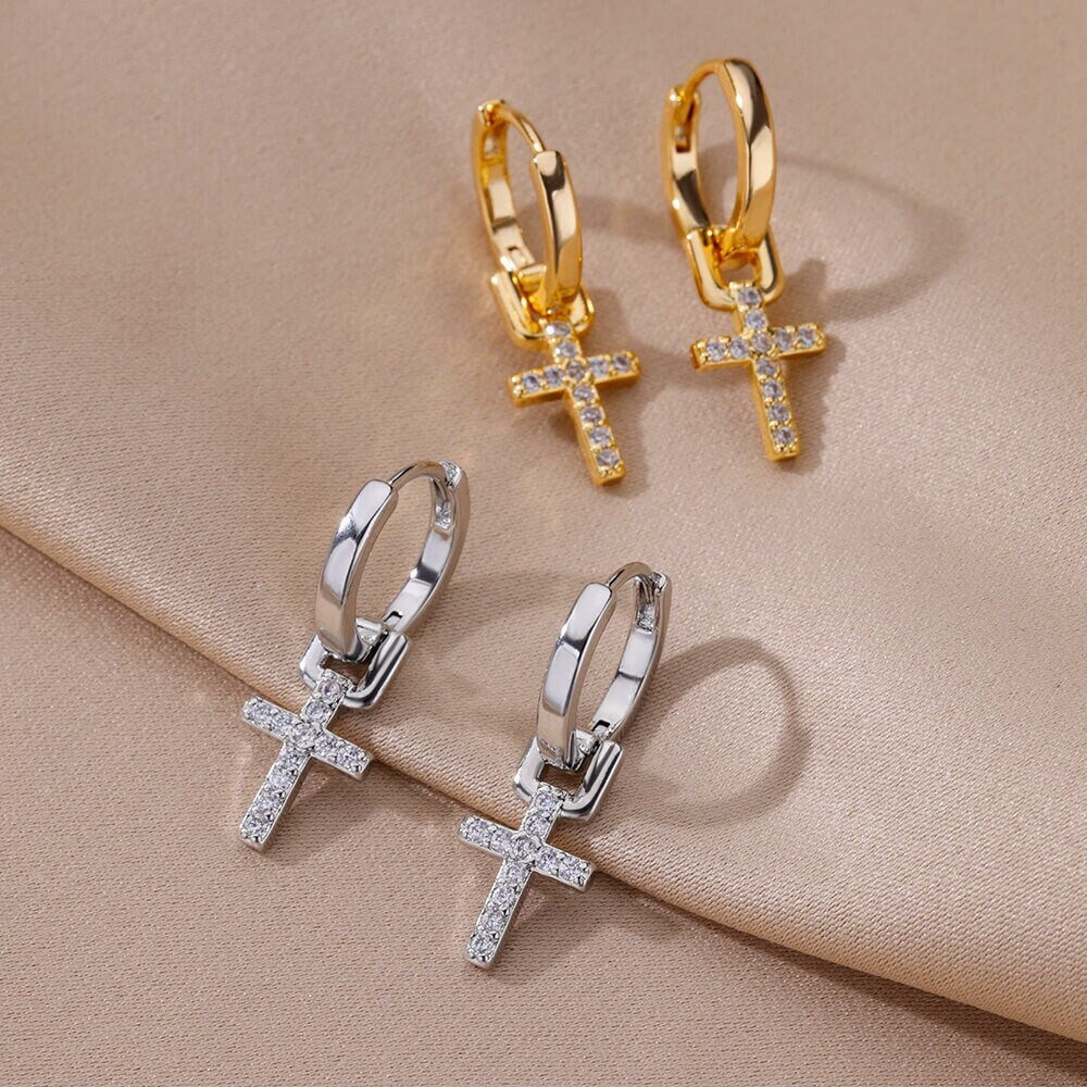 Gold Cross Drop Hoop Earrings, 18K Gold Crucifix Dangle Earrings, Christian Cross Earrings for Women, Cute Dainty Religious, Gift for Her