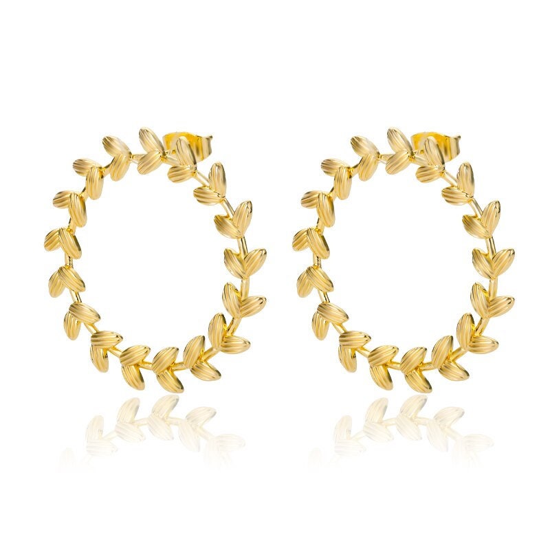 Boho Greek Wreath Leaves Earrings, Gold Leaves Stud Earrings, Circle Shaped Leaves Earrings for Women, Dainty Minimalist, Gift for Her