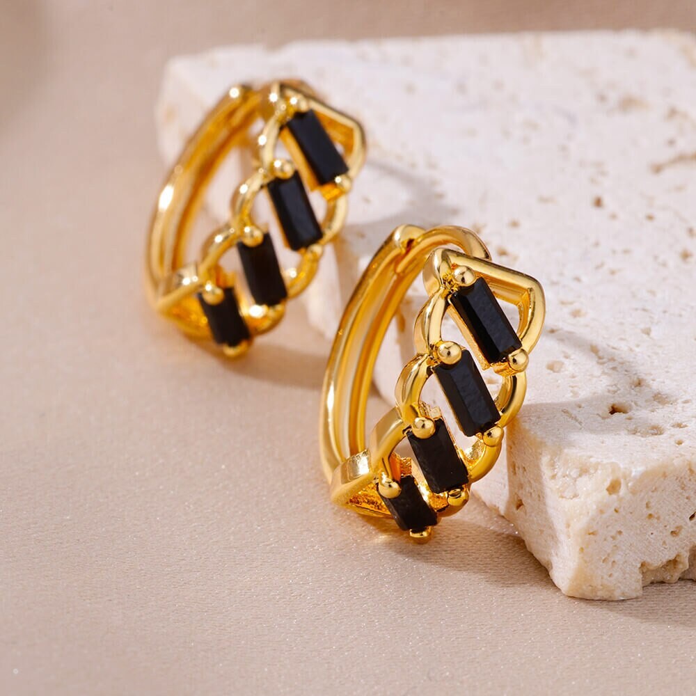 Punk Black Cubic Zirconia Hoop Earrings, Gold Rectangle Crystal Earrings, 18K Gold Link Hoop, Boho Dainty Minimalist for Women, Gift for Her