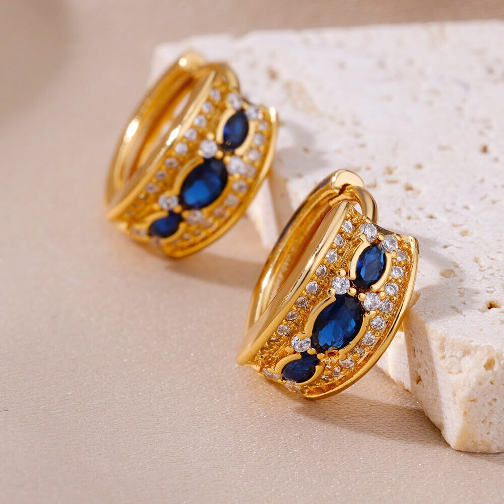 Punk Blue Cubic Zirconia Hoop Earrings, Gold Circle Crystal Earrings, 18K Gold Luxury Hoops, Boho Dainty for Women, Gift for Her