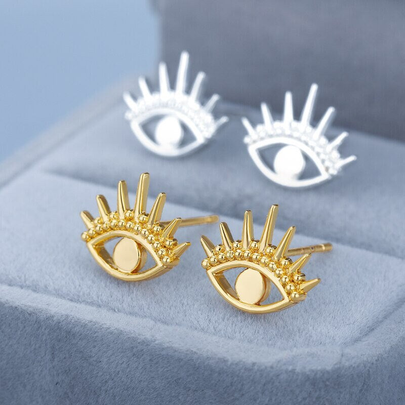 Boho Henna Eye Stud Earrings, Gold Eye Earrings, 18K Gold Evil Eye Earrings, Punk Dainty Minimalist Jewelry for Women, Gift for Her
