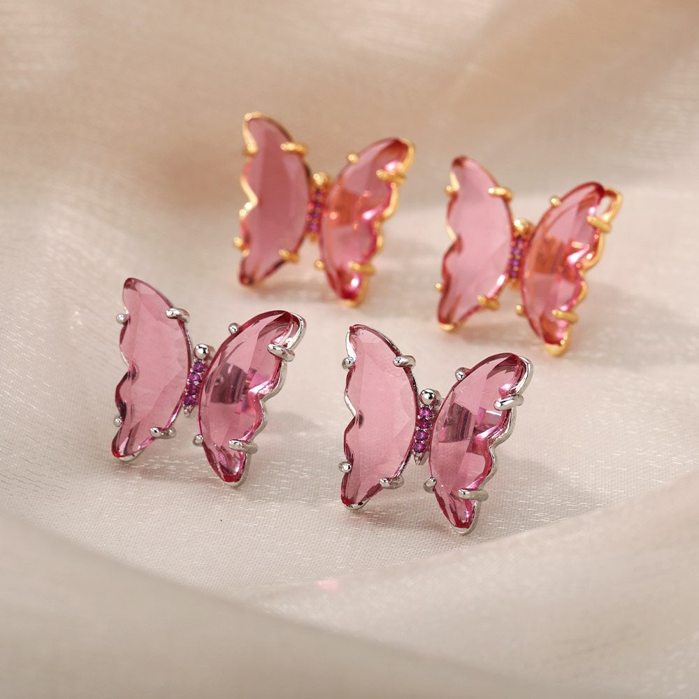 Boho Butterfly Cubic Zirconia Stud Earrings, Gold Butterfly Pink Zircon Earrings, 18K Gold, Dainty Punk Minimalist for Women, Gift for Her