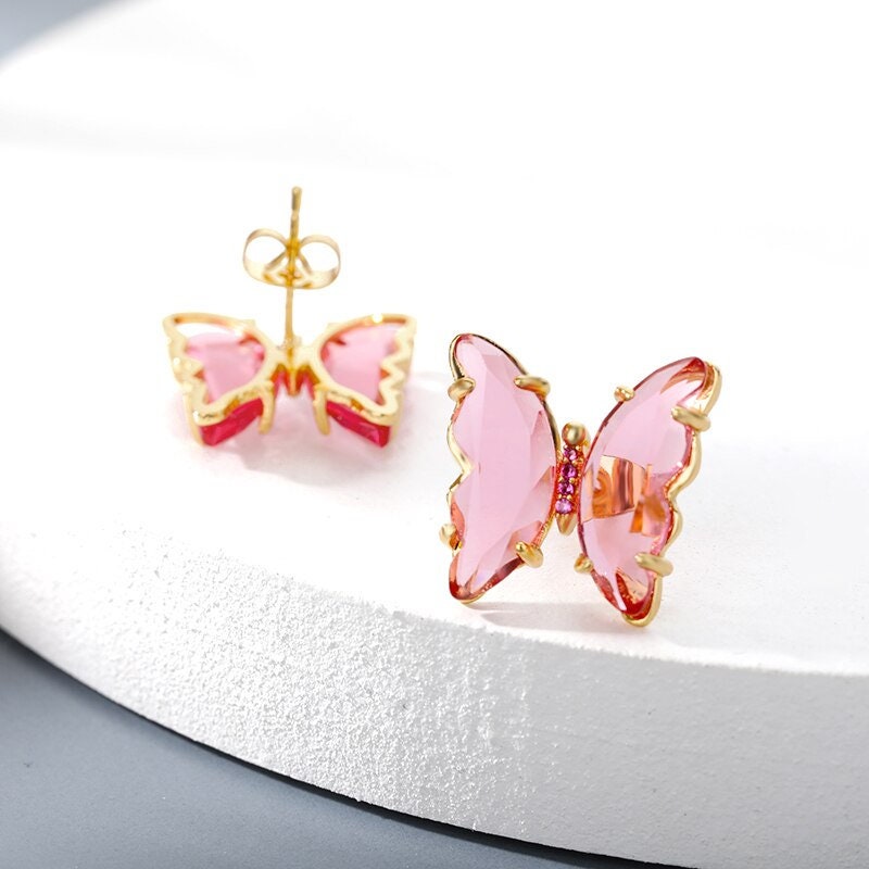 Boho Butterfly Cubic Zirconia Stud Earrings, Gold Butterfly Pink Zircon Earrings, 18K Gold, Dainty Punk Minimalist for Women, Gift for Her
