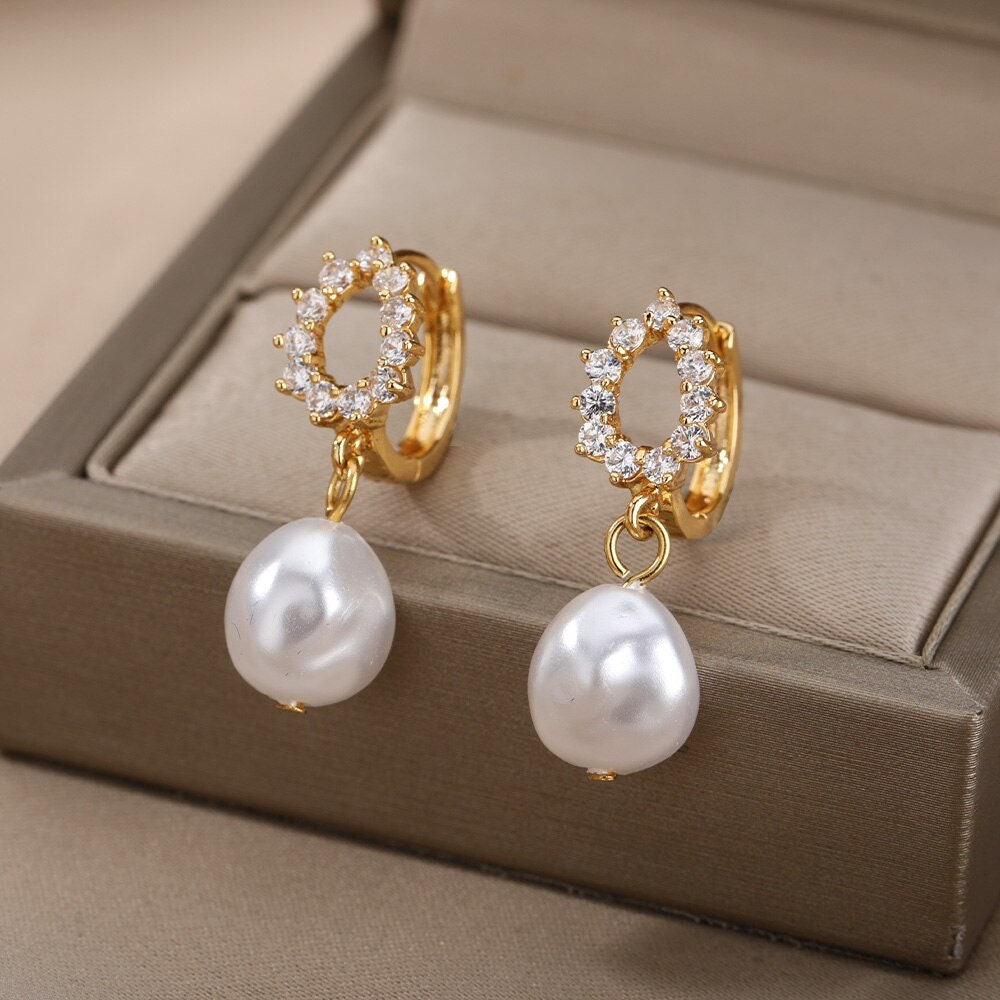 Boho Pearl Drop Earrings, Gold Pearl Drop Earrings, 18K Gold Pearl Hoop Earrings, Cubic Zirconia Dangle Dainty Minimalist, Gift for Her