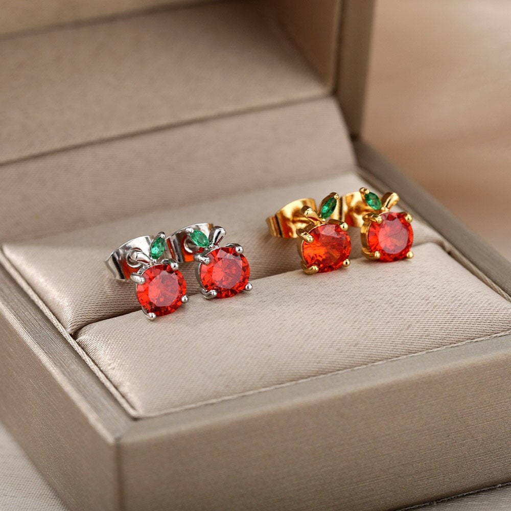 Boho Apple Stud Earrings, Gold Apple Studs, 18K Gold, Punk Cubic Zirconia Crystal Dainty Minimalist for Women, Gift for Her