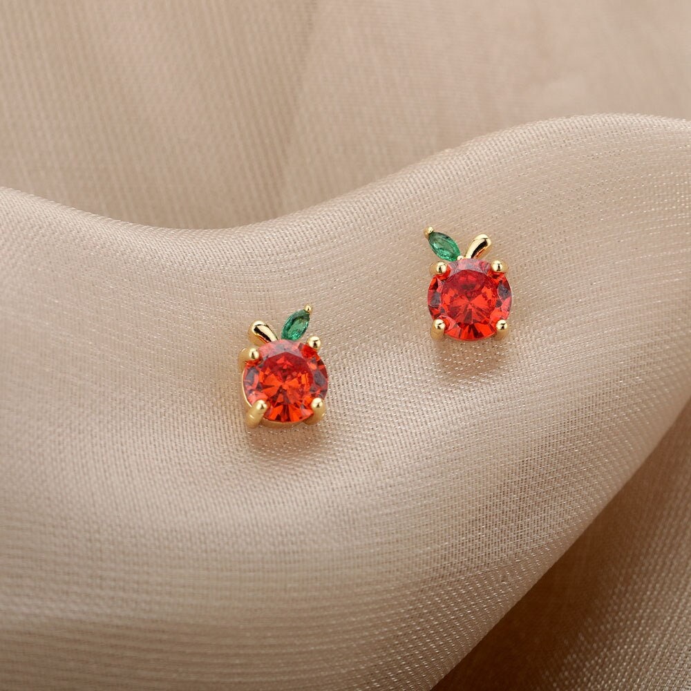 Boho Apple Stud Earrings, Gold Apple Studs, 18K Gold, Punk Cubic Zirconia Crystal Dainty Minimalist for Women, Gift for Her
