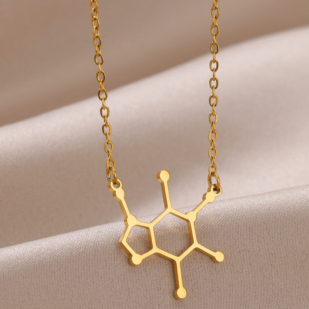Punk Caffeine Molecule Pendant, Gold Caffeine Necklace, 18K Gold, Scientist Boho Dainty Minimalist for Women, Gift for Her