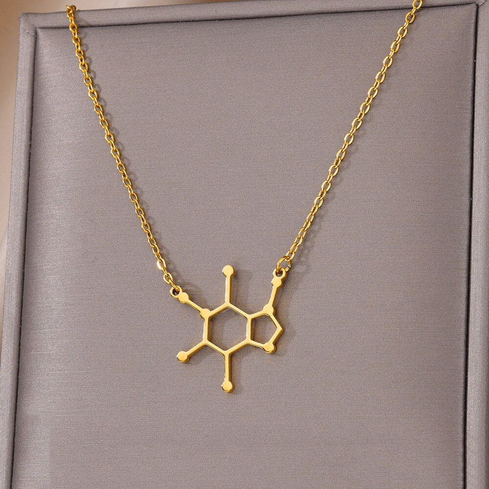 Punk Caffeine Molecule Pendant, Gold Caffeine Necklace, 18K Gold, Scientist Boho Dainty Minimalist for Women, Gift for Her