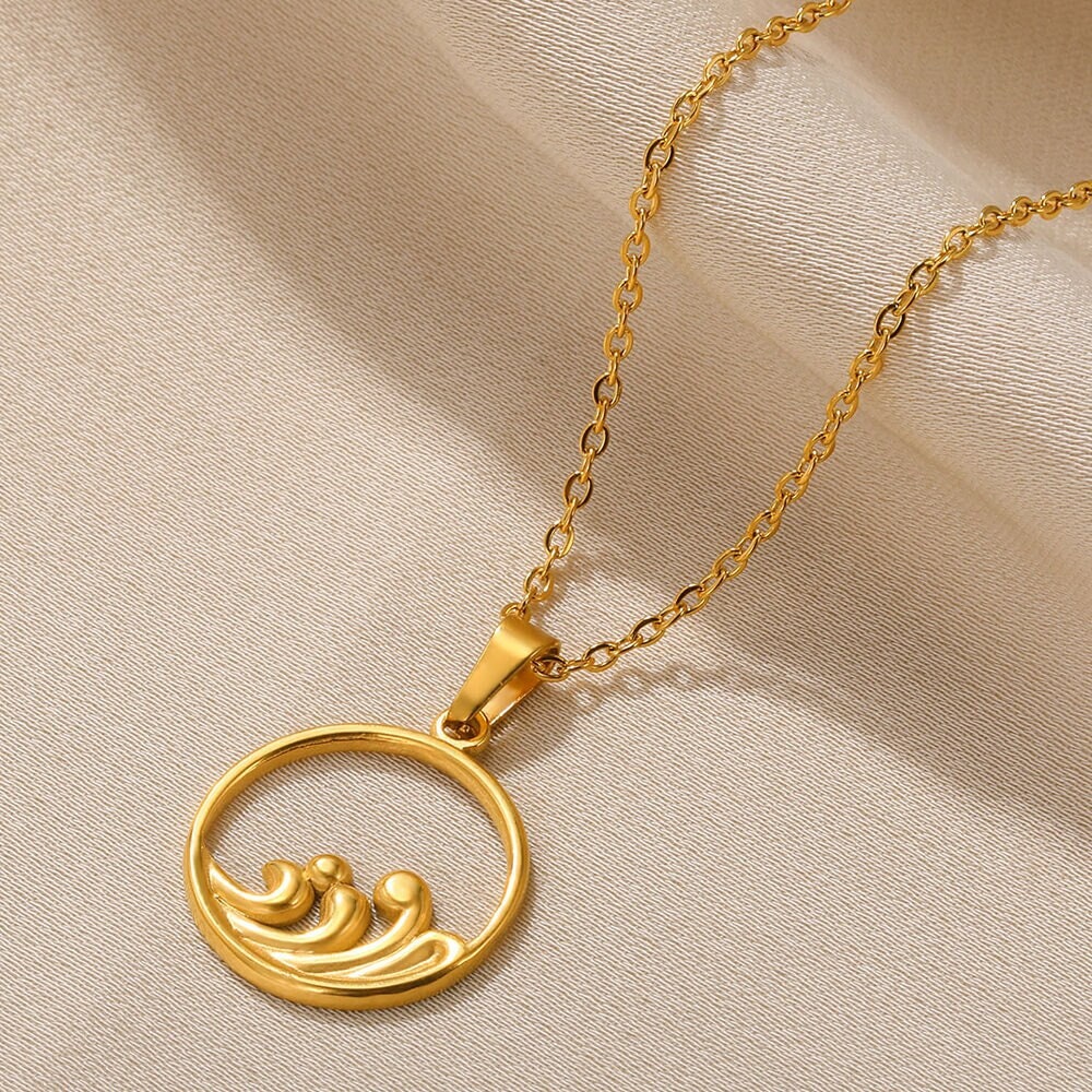 Ocean Waves Coin Necklace, 18K Gold Ocean Waves Pendant, Beach