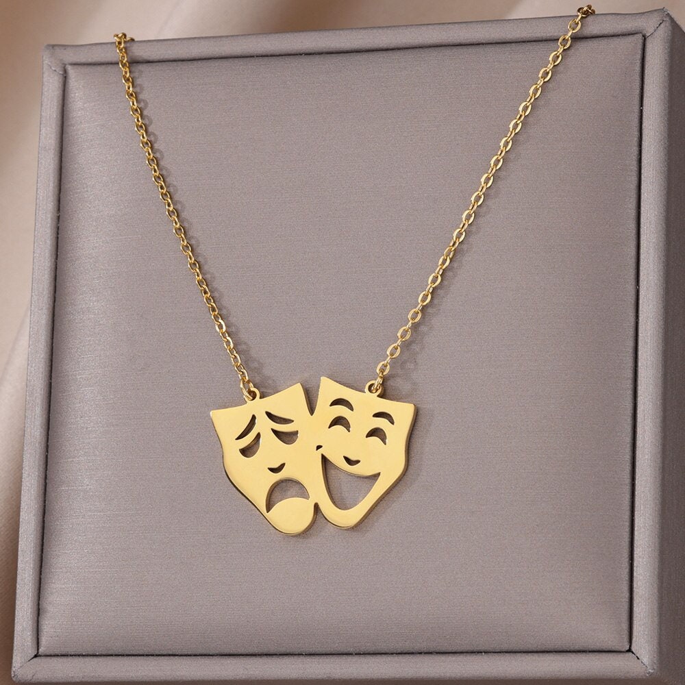 Comedy Tragedy Masks Pendant, Gold Greek Theater Necklace, 18K Gold, Dainty Minimalist Punk Artsy Performer for Women, Gift for Her