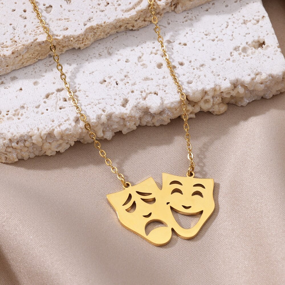 Comedy Tragedy Masks Pendant, Gold Greek Theater Necklace, 18K Gold, Dainty Minimalist Punk Artsy Performer for Women, Gift for Her