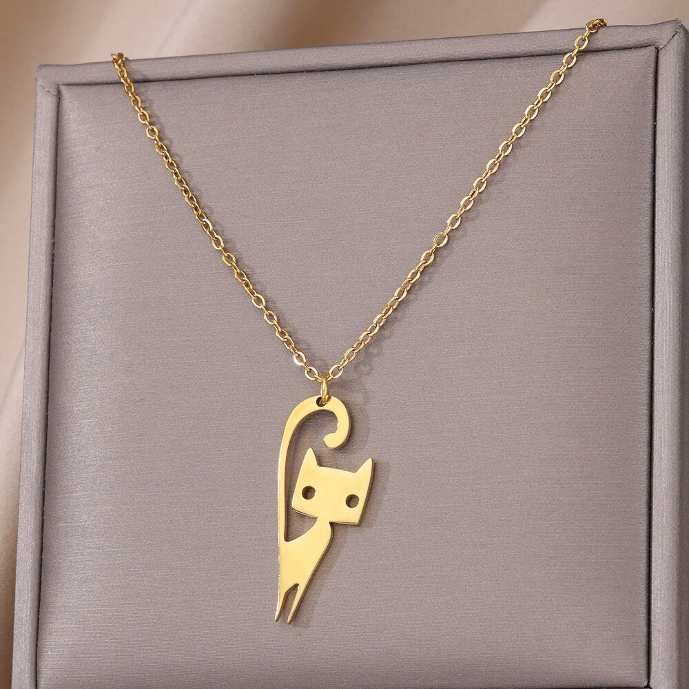 Punk Cute Cat Pendant, Gold Boho Cat Necklace, 18K Gold, Dainty Minimalist Animal Lovers for Women, Gift for Her