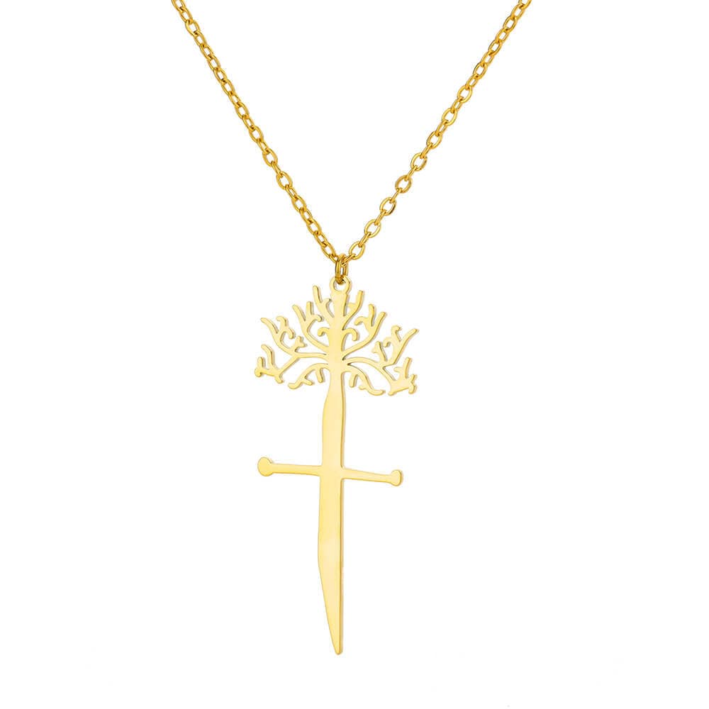 Boho Tree Sword Pendant, Gold Nature Sword Necklace, 18K Gold Sword Pendant, Dainty Minimalist Tree Nature Broken Sword, Gift for Her