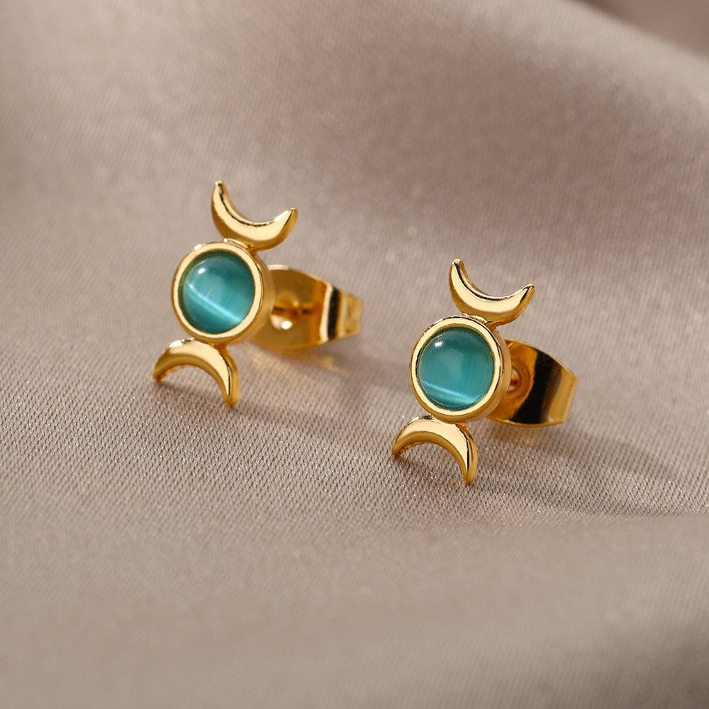 Punk Moon Goddess Earrings, Gold Opal Moon Earrings, 18K Gold Opal Studs, Punk Dainty Gothic Moon Minimalist Studs for Women, Gift for Her