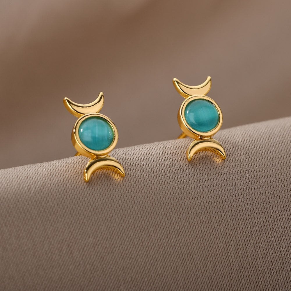 Punk Moon Goddess Earrings, Gold Opal Moon Earrings, 18K Gold Opal Studs, Punk Dainty Gothic Moon Minimalist Studs for Women, Gift for Her