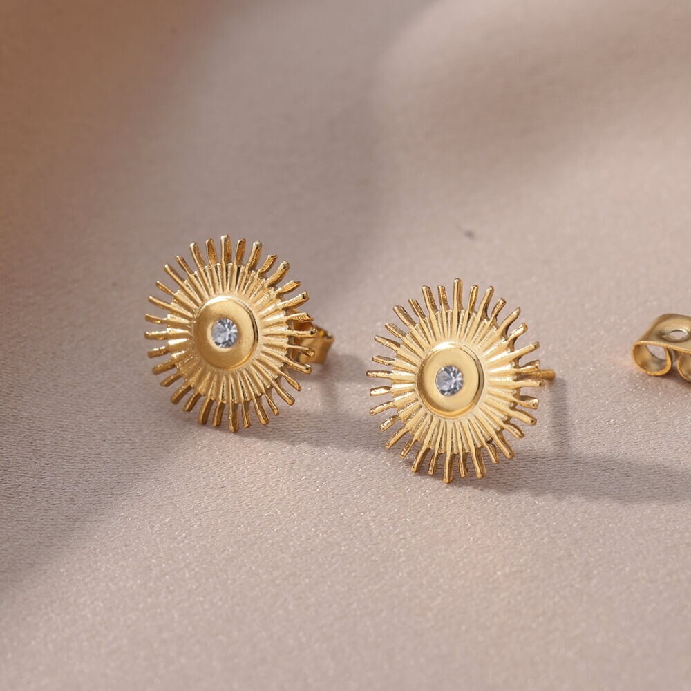 Boho Sun Stud Earrings, Gold Sun Stud Earrings, 18K Gold, Punk Dainty Cubic Zirconia Jewelry Earrings for Women, Gift for Her