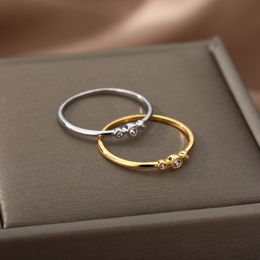 Dainty Cubic Zirconia Ring, Gold Engagement Style Band, 18K Gold, Boho Minimalist Wedding Ring for Women, Gift for Her