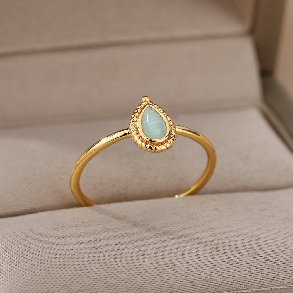 Henna Dainty Water Drop Ring, Gold Henna Tear Drop Ring, 18K Gold Opal Ring, Dainty Boho Minimalist Ring for Women, Gift for Her