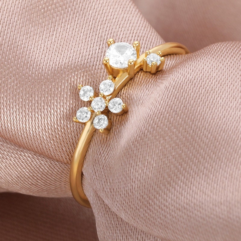 Boho Dainty Engagement Ring, Gold Cubic Zirconia Ring, 18K Gold Band, Delicate Minimalist Fine Jewelry for Women, Gift for Her