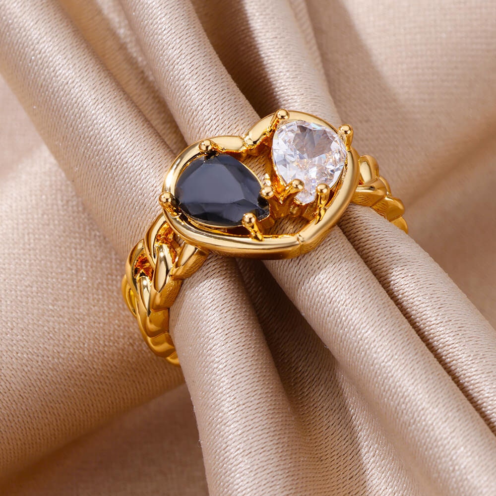 Punk Gold Heart White & Black Ring, Boho Cubic Zirconia Double Heart Ring, 18K Gold Heart Ring, Dainty Minimalist for Women, Gift for Her