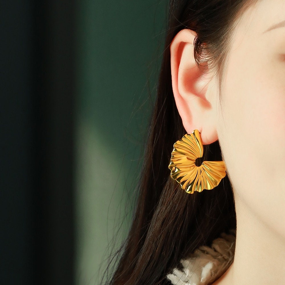 Boho Organic Geometric Stud Earrings, Gold Irregular Semicircle Drop Earrings, 18K Gold, Punk Minimalist Earrings for Women, Gift for Her