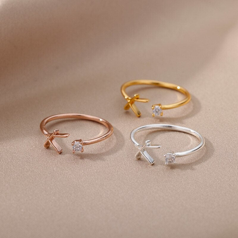 Boho Dainty Initial Ring, 18K Gold Initial Ring, Cubic Zirconia Letter Ring, Punk Dainty Minimalist Jewelry for Women, Gift for Her