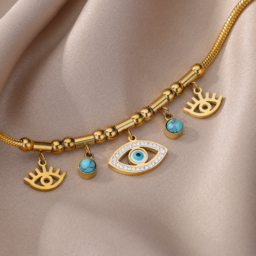 Gothic Evil Eye Moonstone Bracelet, Gold Punk Evil Eye Bracelet, 18K Gold Bracelet, Protection Amulet for Women, Gift for Her