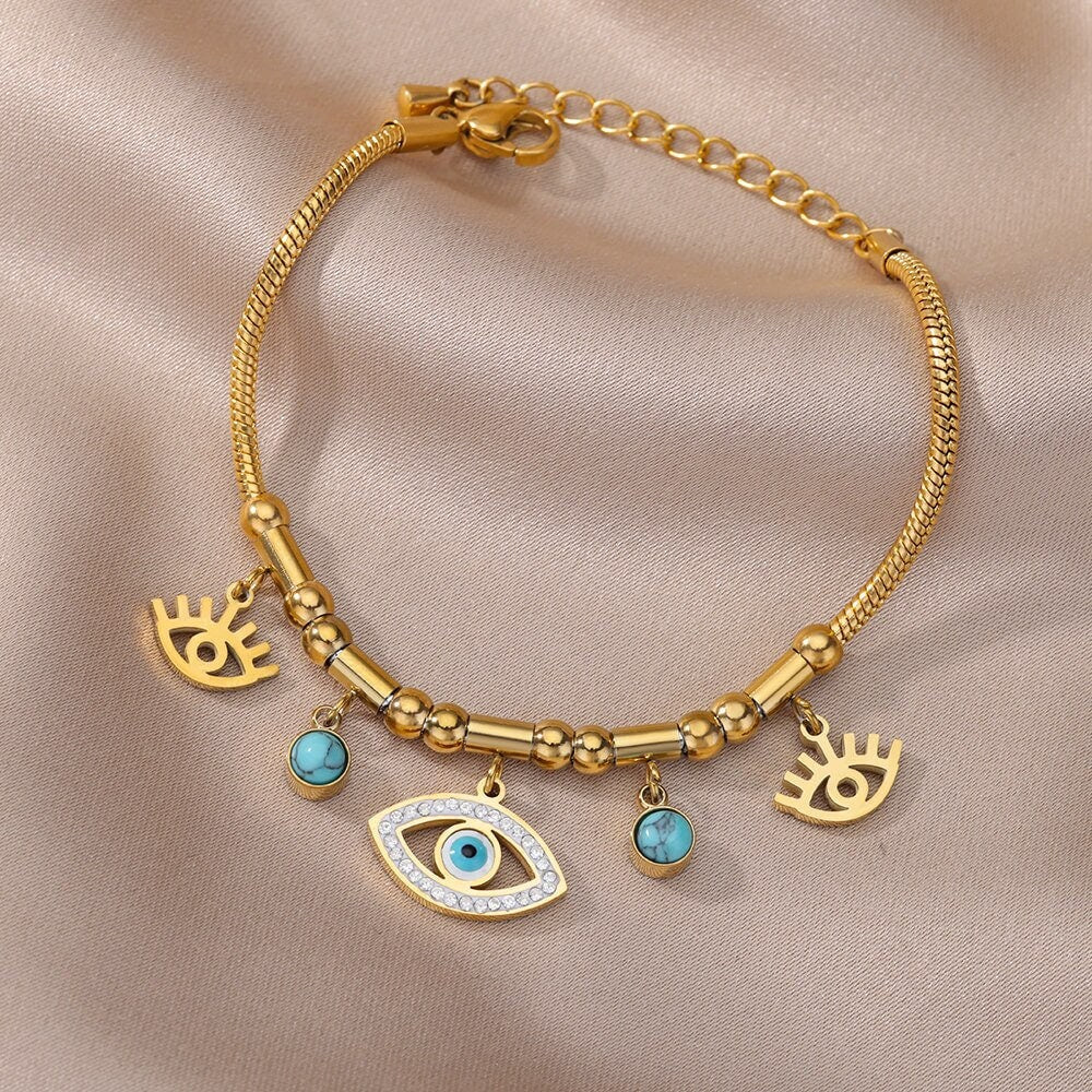 Gothic Evil Eye Moonstone Bracelet, Gold Punk Evil Eye Bracelet, 18K Gold Bracelet, Protection Amulet for Women, Gift for Her