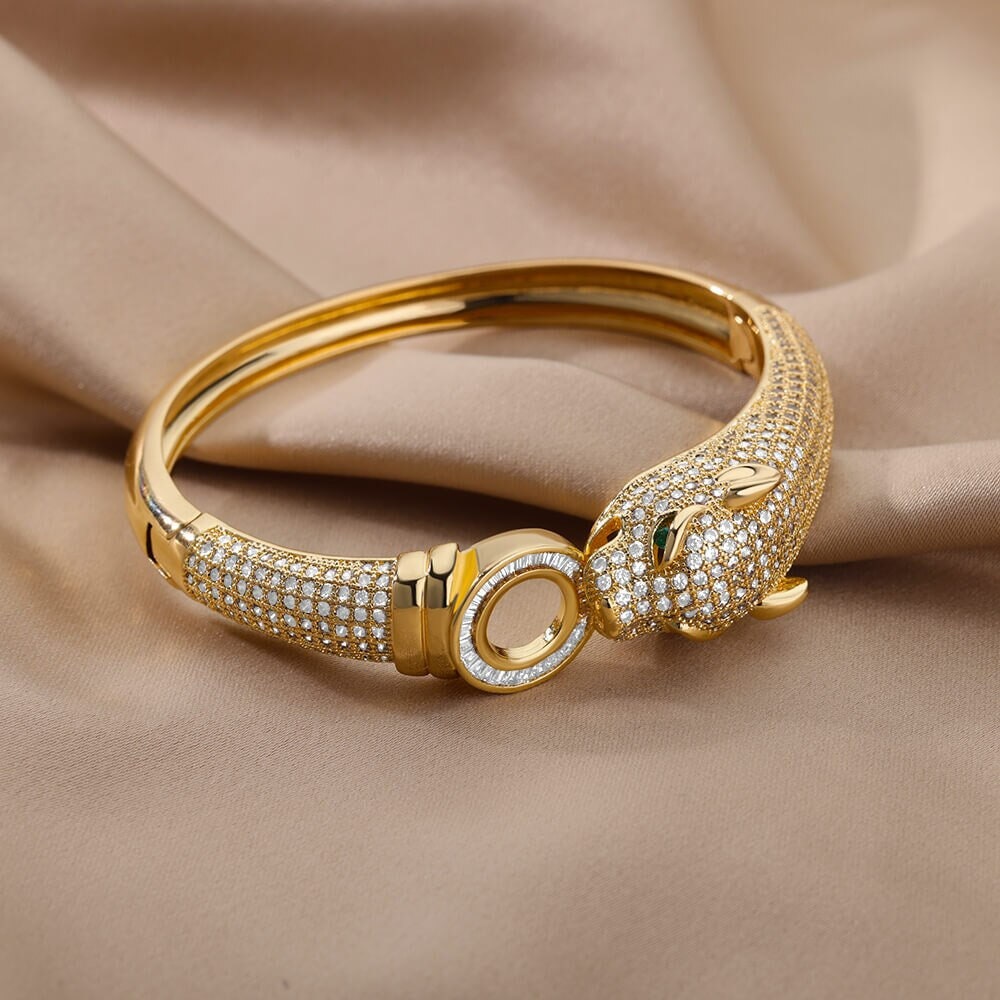 Punk Gold Leopard Bangle, 18K Gold Jaguar Bracelet, Luxury Cubic Zirconia Leopard Bangle for Women, Gothic Jaguar Bangle, Gift for Her