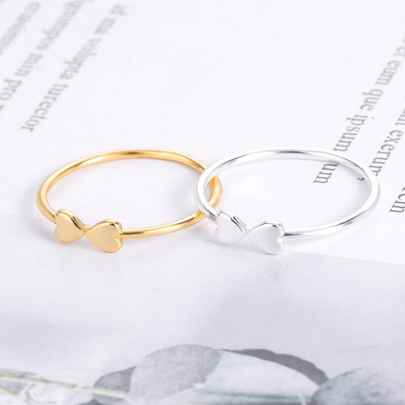Dainty Double Heart Bow Ring, Gold Heart Bow Tie Ring, 18K Gold Hearts Ring, Boho Minimalist Punk Korean Jewelry for Women, Gift for Her