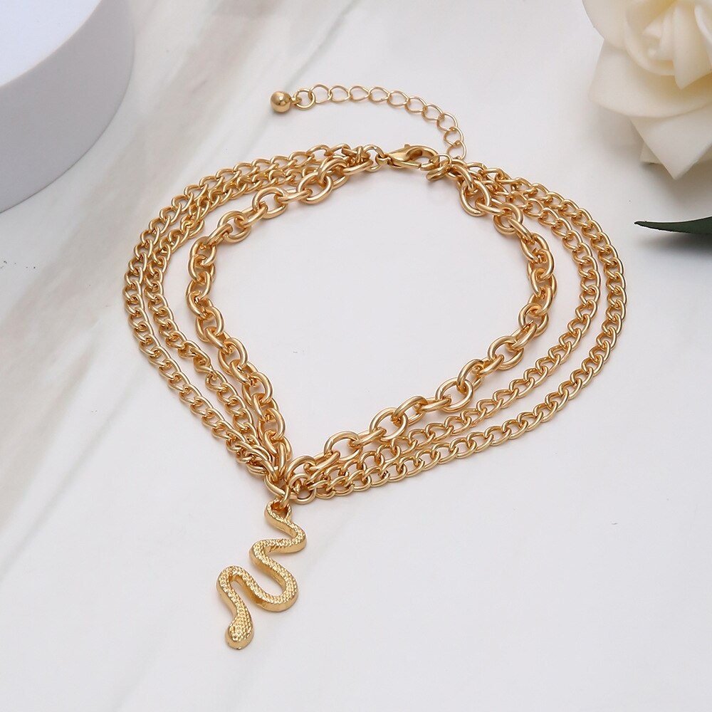 Boho Multi Layer Snake Anklet, Punk Gold Snake Anklet, 18K Gold Snake Multi Chain Anklet, Gothic Dainty Minimalist for Women, Gift for Her