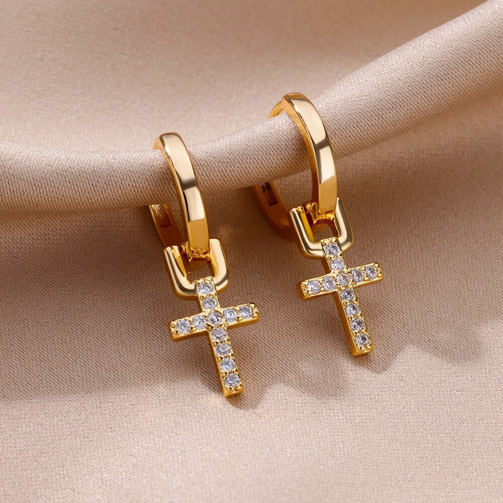 Gold Cross Drop Hoop Earrings, 18K Gold Crucifix Dangle Earrings, Christian Cross Earrings for Women, Cute Dainty Religious, Gift for Her