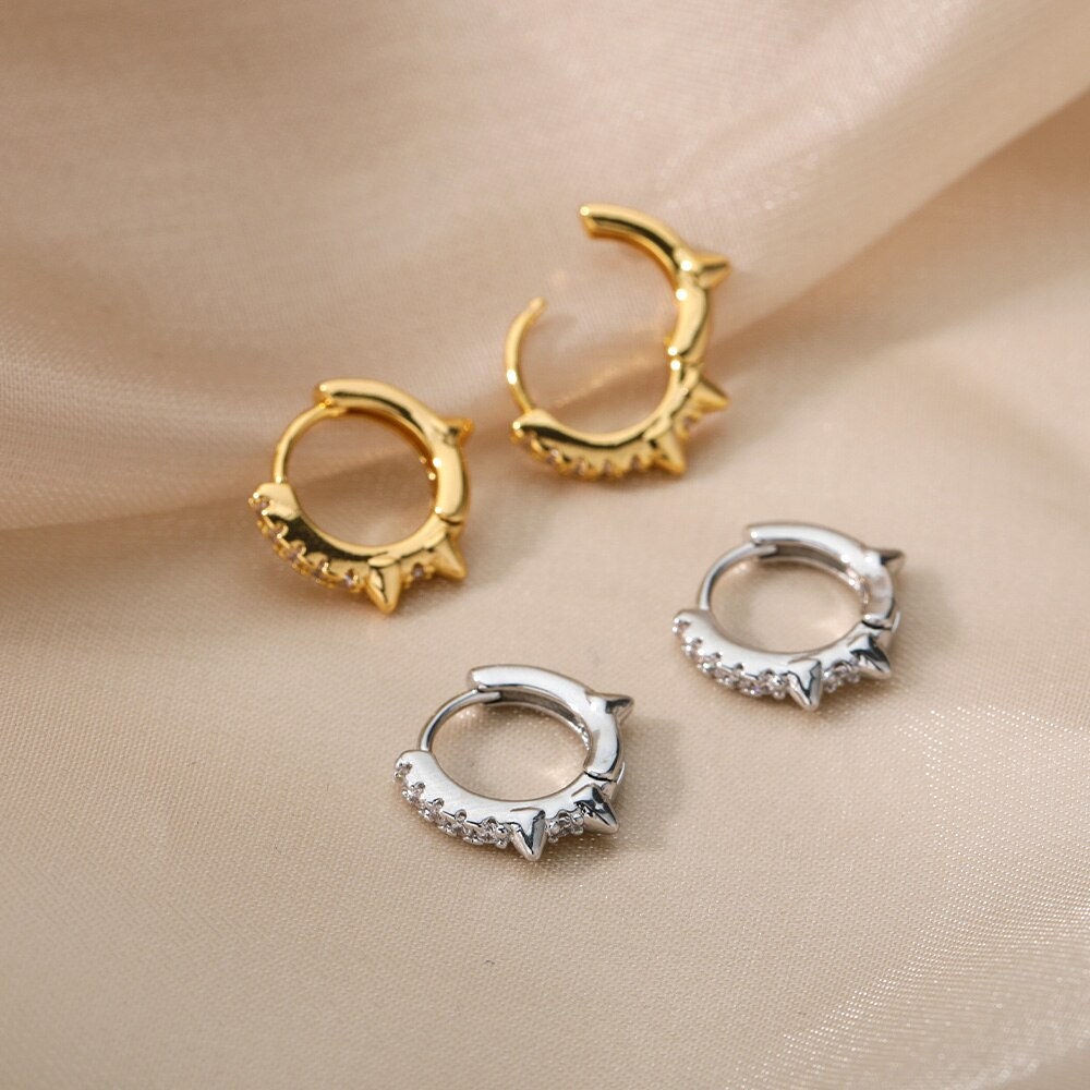 Punk Spike Hoop Earrings, Gold Spike Circle Earrings, 18K Gold Spiked Hoops, Dainty Cubic Zirconia Minimalist Hoops for Women, Gift for Her