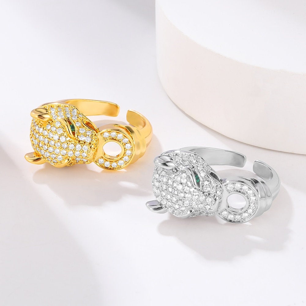 Punk Leopard Head Ring, Gold Leopard Ring, 18K Gold Cubic Zirconia, Gothic Jaguar Boho Dainty Luxury Party for Women, Gift for Her