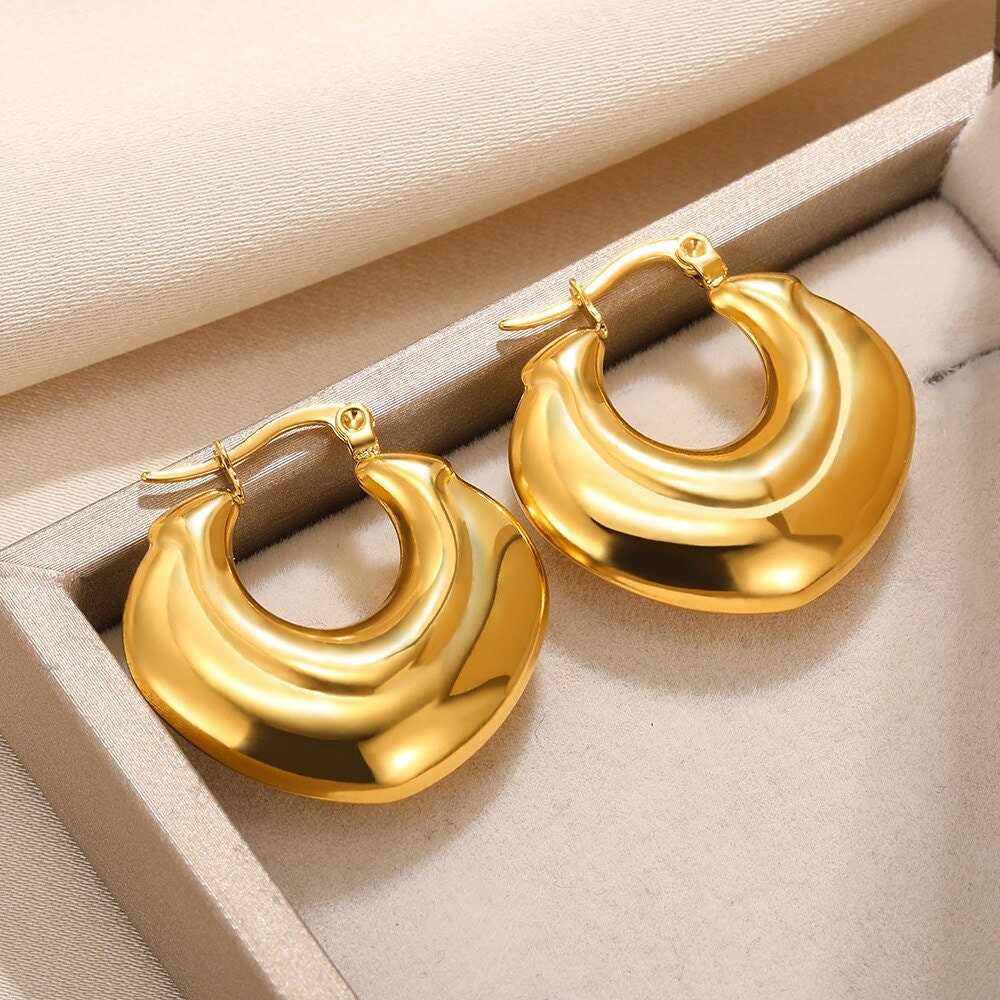 Punk Gold Hoop Earrings, Organic Thick Hoop Earrings, 18K Gold Large Hoops, Boho Dainty Minimalist Geometric Hoops for Women, Gift for Her