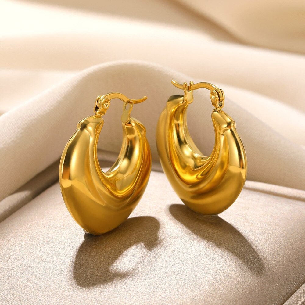 Punk Gold Hoop Earrings, Organic Thick Hoop Earrings, 18K Gold Large Hoops, Boho Dainty Minimalist Geometric Hoops for Women, Gift for Her