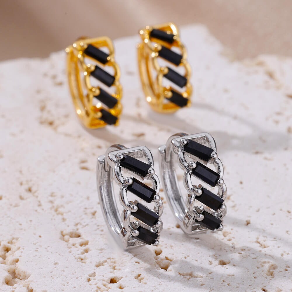 Punk Black Cubic Zirconia Hoop Earrings, Gold Rectangle Crystal Earrings, 18K Gold Link Hoop, Boho Dainty Minimalist for Women, Gift for Her