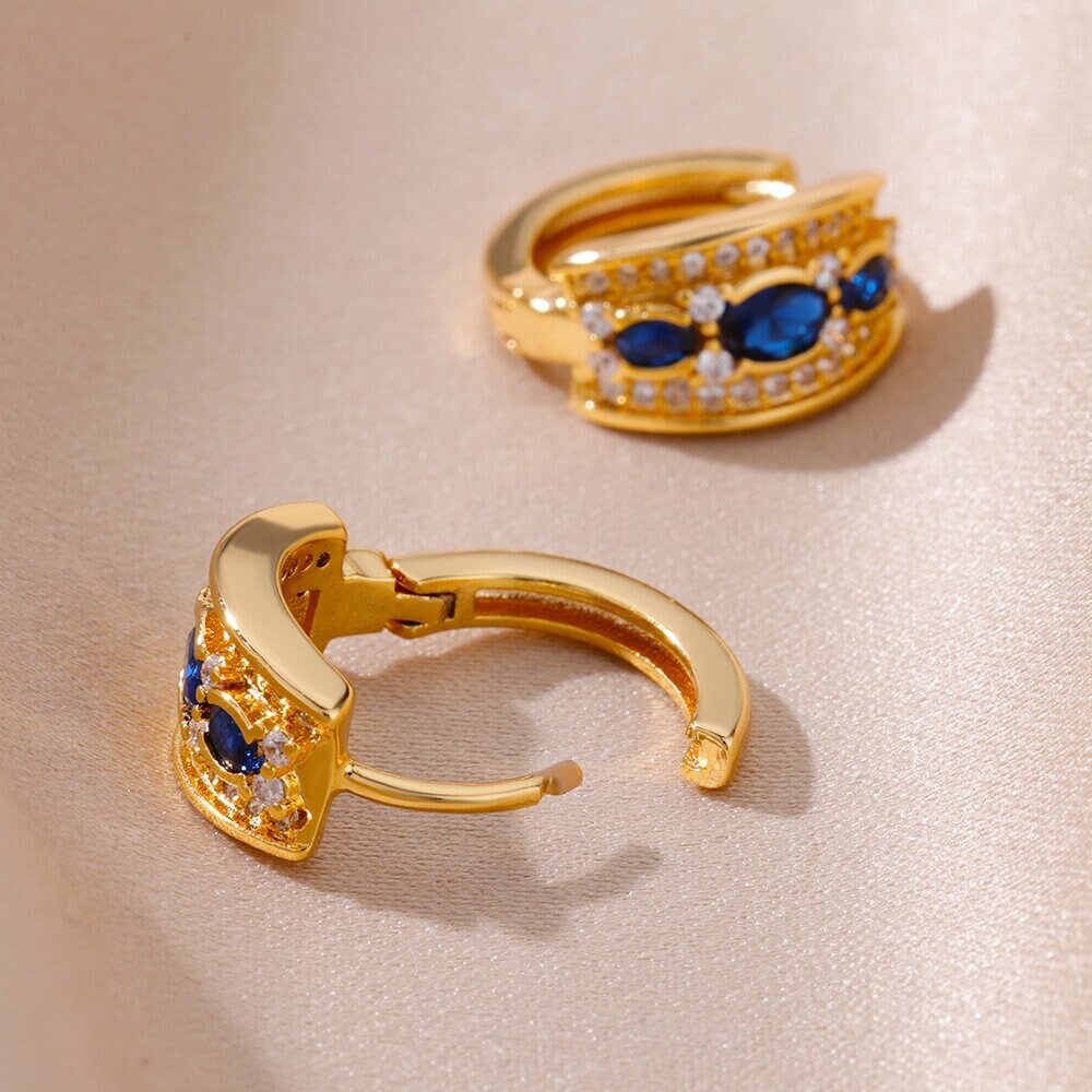 Punk Blue Cubic Zirconia Hoop Earrings, Gold Circle Crystal Earrings, 18K Gold Luxury Hoops, Boho Dainty for Women, Gift for Her