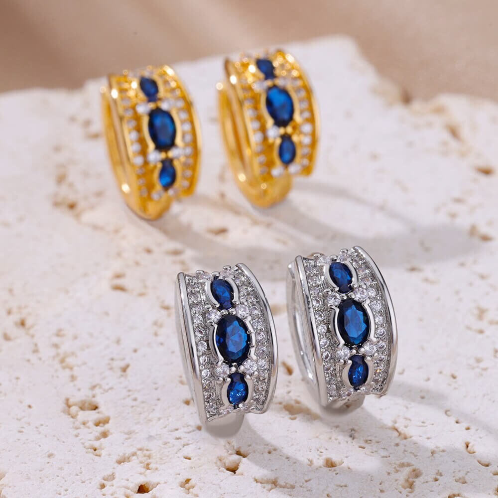 Punk Blue Cubic Zirconia Hoop Earrings, Gold Circle Crystal Earrings, 18K Gold Luxury Hoops, Boho Dainty for Women, Gift for Her