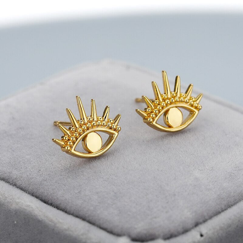 Boho Henna Eye Stud Earrings, Gold Eye Earrings, 18K Gold Evil Eye Earrings, Punk Dainty Minimalist Jewelry for Women, Gift for Her