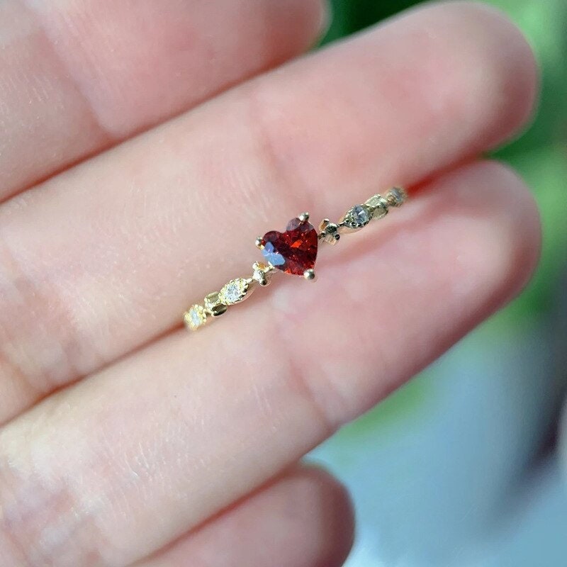 Boho Heart Ring, Crystal Heart Ring, Gold Heart Ring, 18K Gold Cubic Zirconia Ring, Red Heart Dainty Minimalist Ring for Women, Gift for Her
