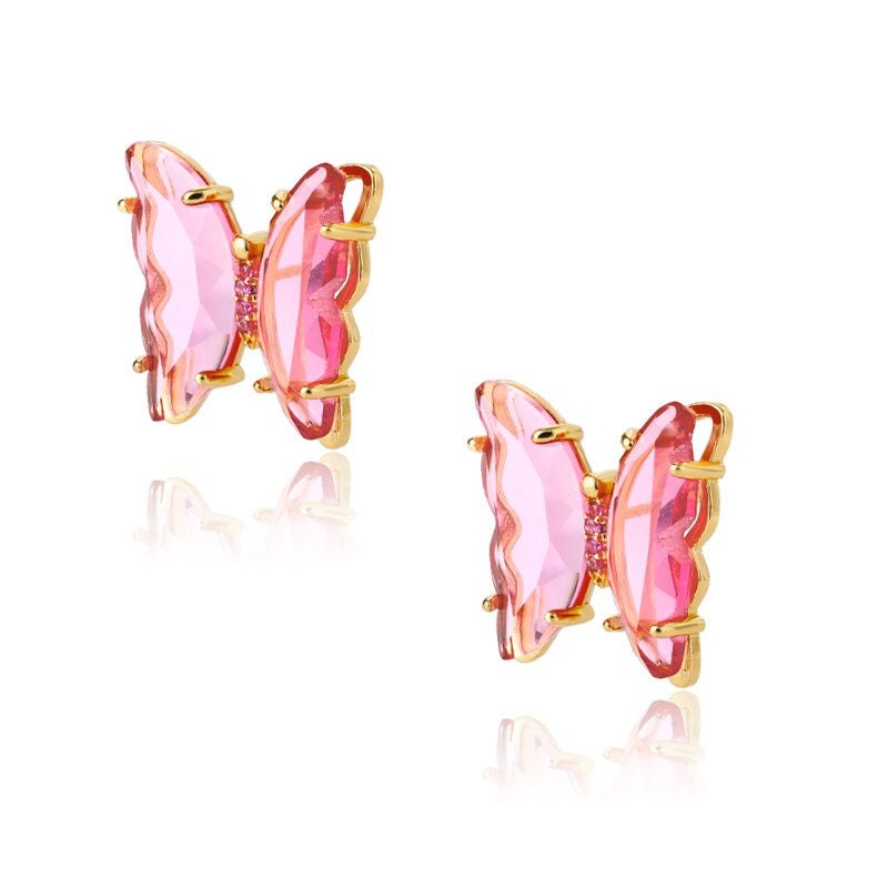 Boho Butterfly Cubic Zirconia Stud Earrings, Gold Butterfly Pink Zircon Earrings, 18K Gold, Dainty Punk Minimalist for Women, Gift for Her