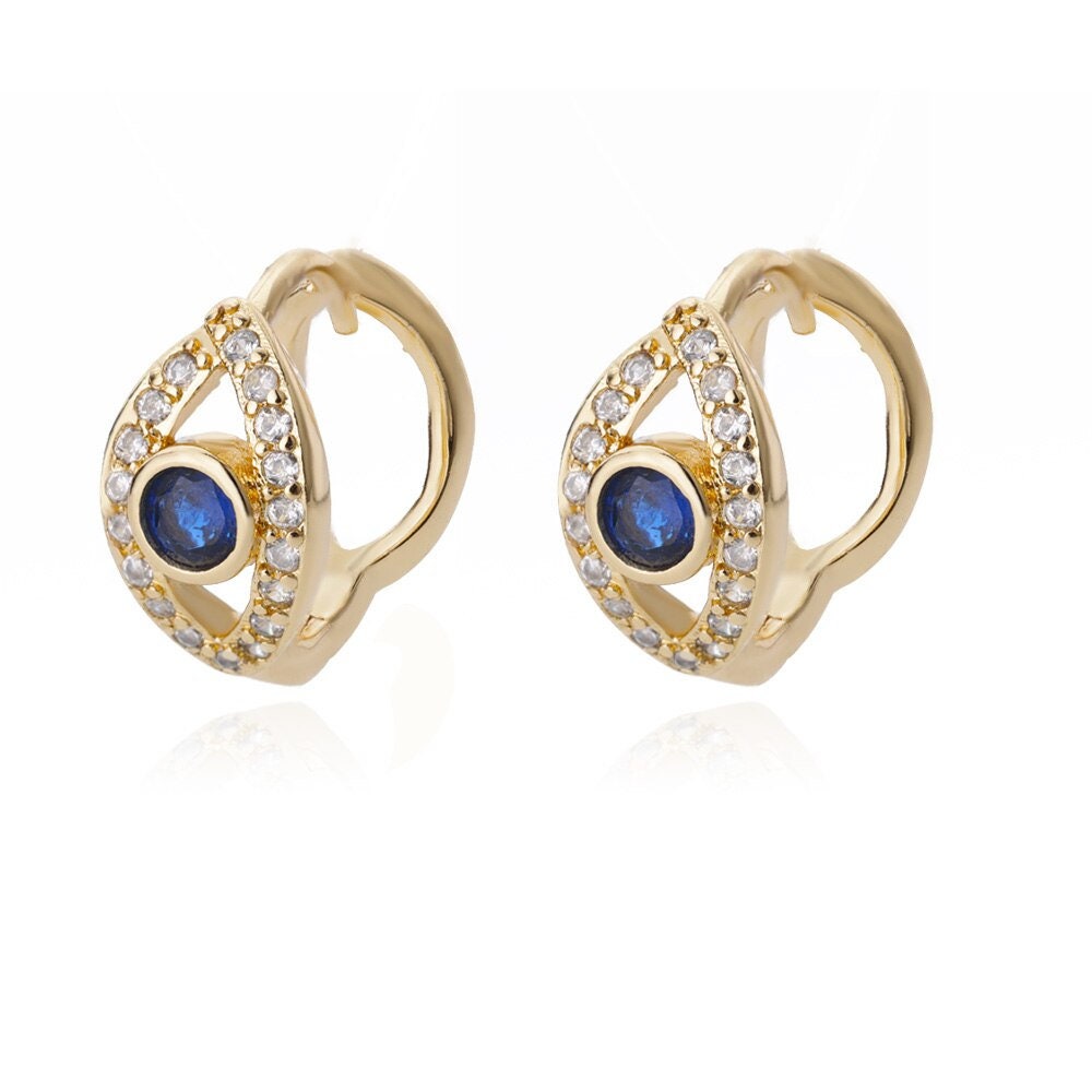 Punk Evil Eye Hoop Earrings, Gold Evil Eye Hoop Earrings, 18K Gold Eye Earrings, Gothic Cubic Zirconia Hoops for Women, Gift for Her