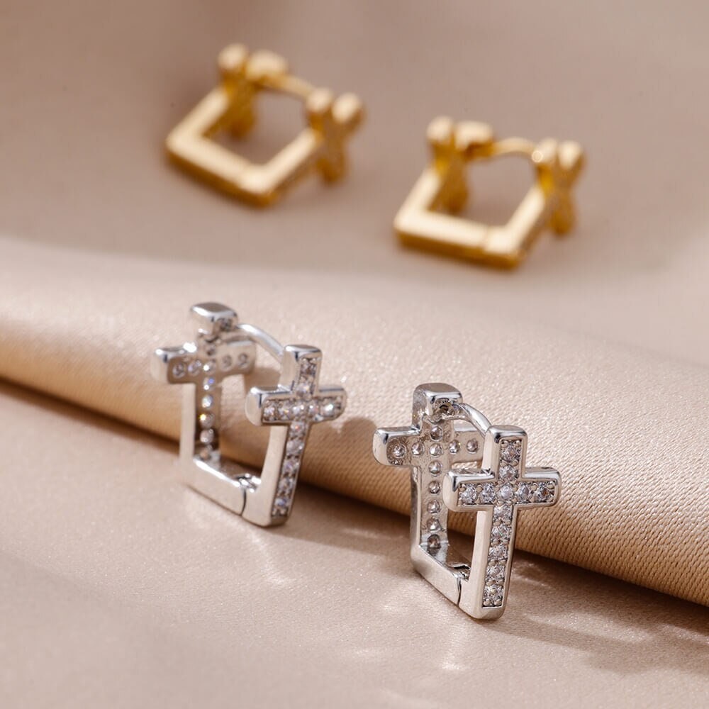 Christian Cross Hoop Earrings, Gold Christian Earrings, 18K Gold Cubic Zirconia Cross, Religious Catholic Dainty Minimalist, Gift for Her