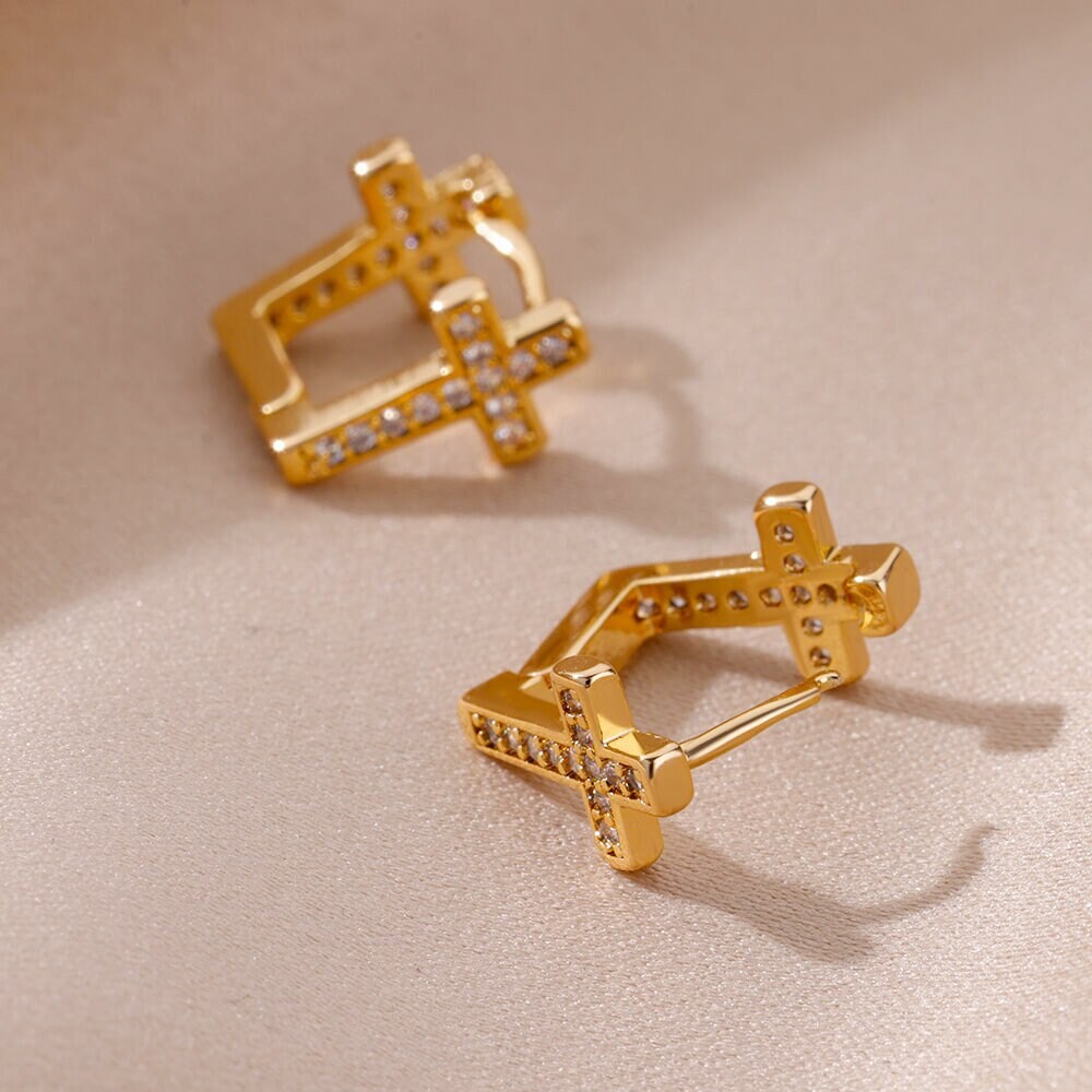 Christian Cross Hoop Earrings, Gold Christian Earrings, 18K Gold Cubic Zirconia Cross, Religious Catholic Dainty Minimalist, Gift for Her