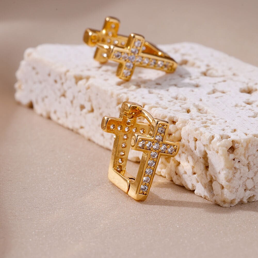 Christian Cross Hoop Earrings, Gold Christian Earrings, 18K Gold Cubic Zirconia Cross, Religious Catholic Dainty Minimalist, Gift for Her