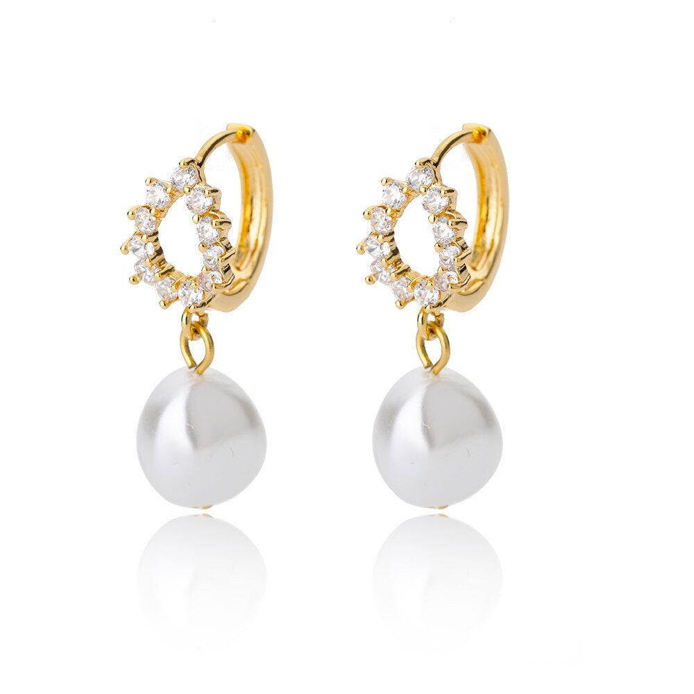 Boho Pearl Drop Earrings, Gold Pearl Drop Earrings, 18K Gold Pearl Hoop Earrings, Cubic Zirconia Dangle Dainty Minimalist, Gift for Her