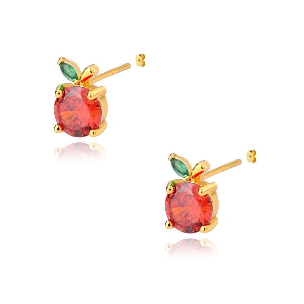 Boho Apple Stud Earrings, Gold Apple Studs, 18K Gold, Punk Cubic Zirconia Crystal Dainty Minimalist for Women, Gift for Her