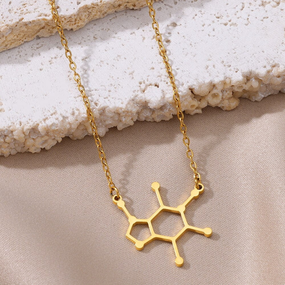 Punk Caffeine Molecule Pendant, Gold Caffeine Necklace, 18K Gold, Scientist Boho Dainty Minimalist for Women, Gift for Her