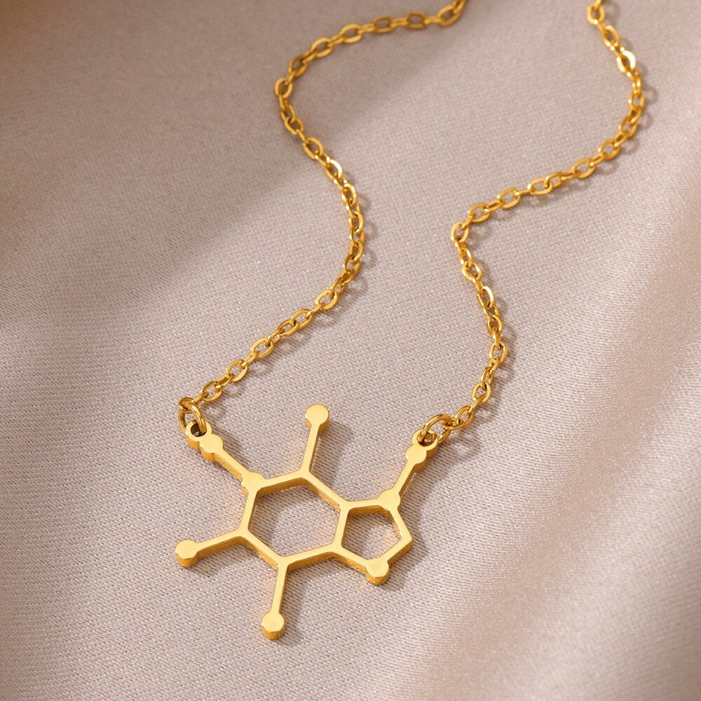 Punk Caffeine Molecule Pendant, Gold Caffeine Necklace, 18K Gold, Scientist Boho Dainty Minimalist for Women, Gift for Her